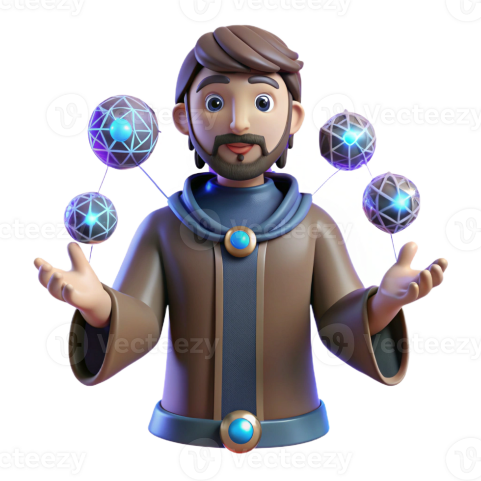 elegant contemporary 3D Illustration Wizard Juggling Orbs original png