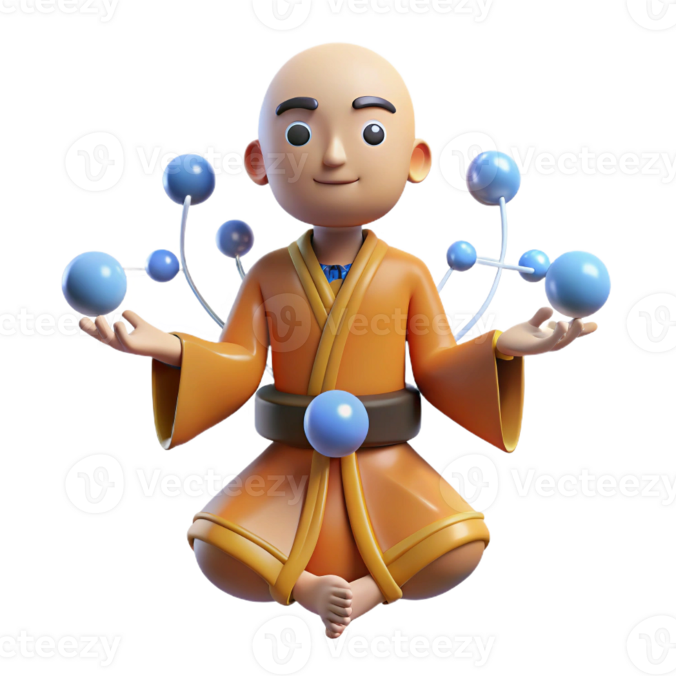 elegant contemporary 3D Monk Meditating with Molecules Illustration 4K png