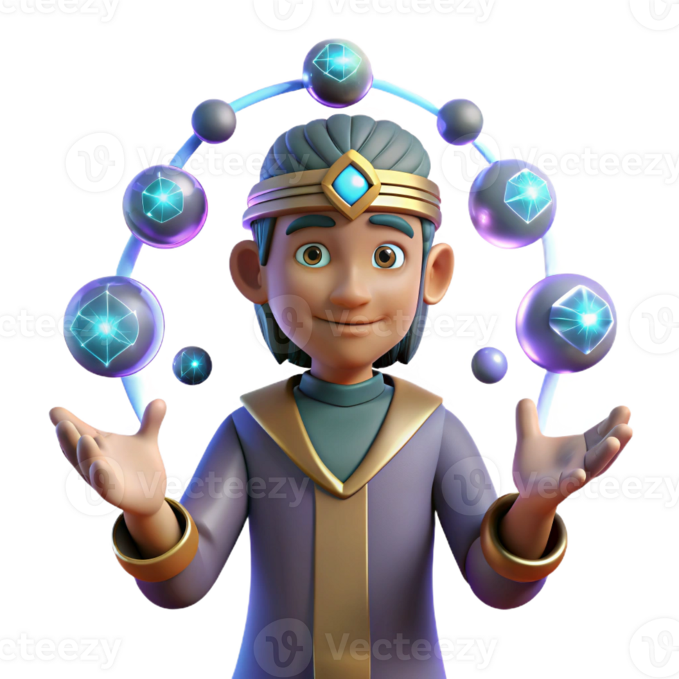 beautiful traditional 3D Illustration Young Mage with Glowing Crystals original png