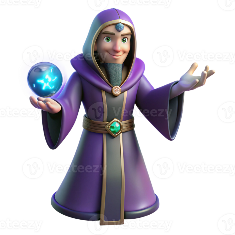 wonderful vintage 3D Cartoon Wizard with Magic Orb 4K png