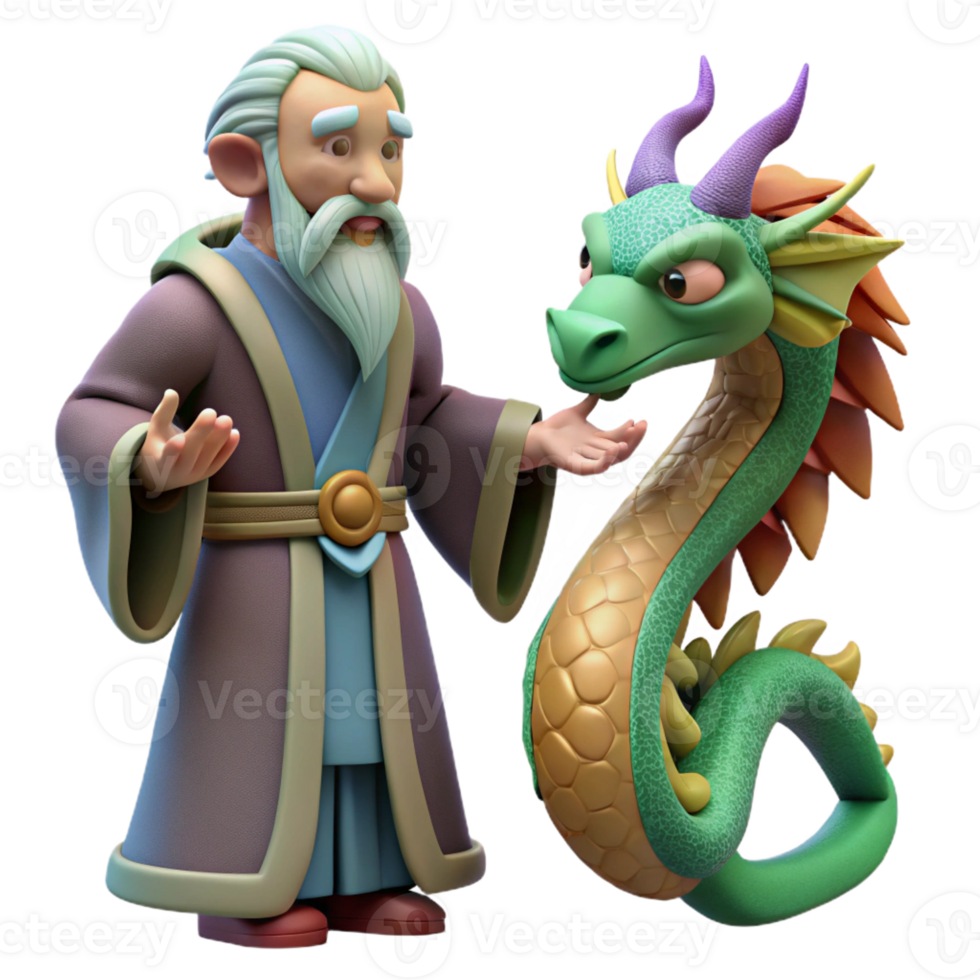 extraordinary modern 3D Cartoon Wizard and Dragon Illustration high quality png