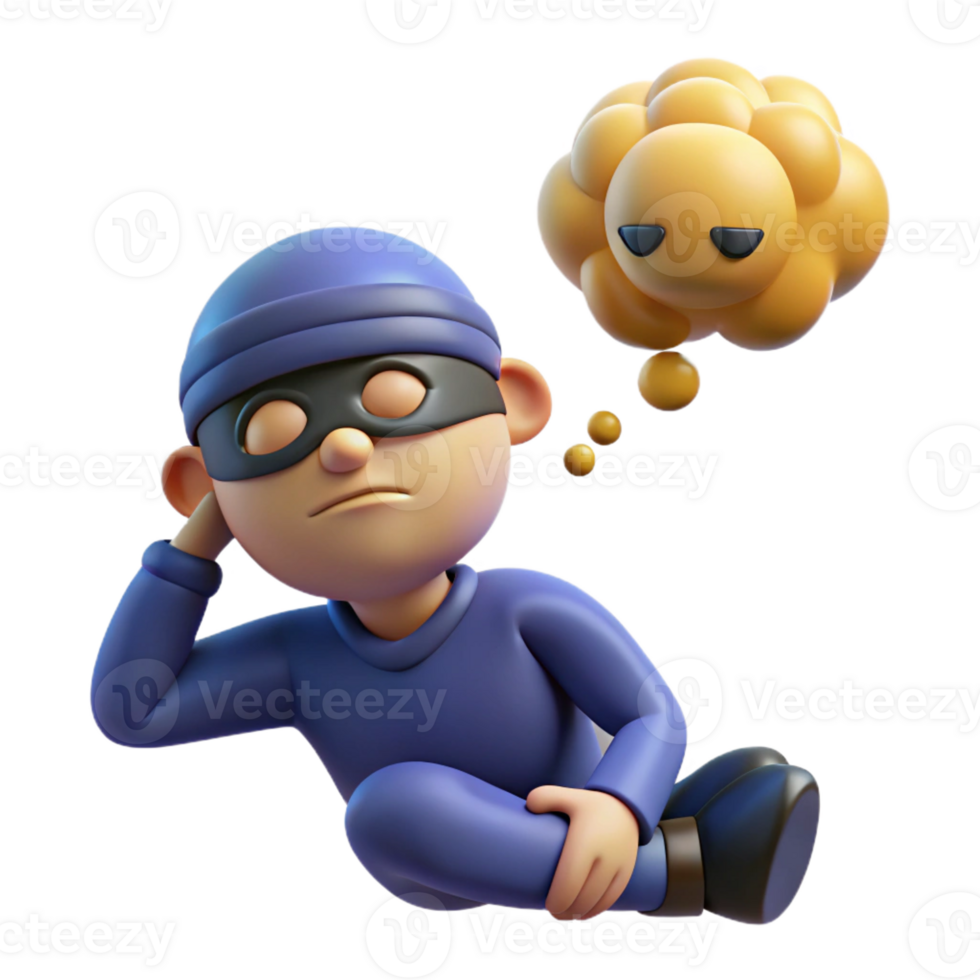 serene vintage 3D Render Thief Cartoon Character Illustration 4K png