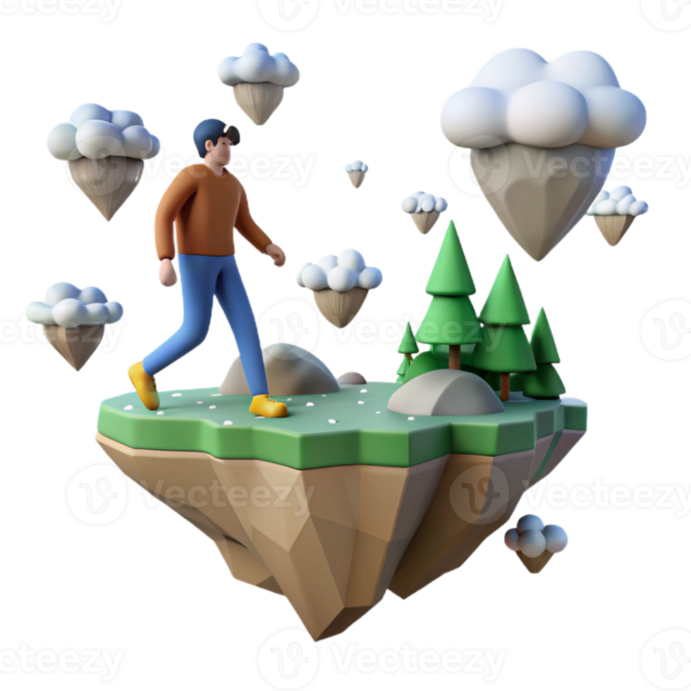 elegant minimalist 3D Illustration Person Walking on a Floating Island authentic png