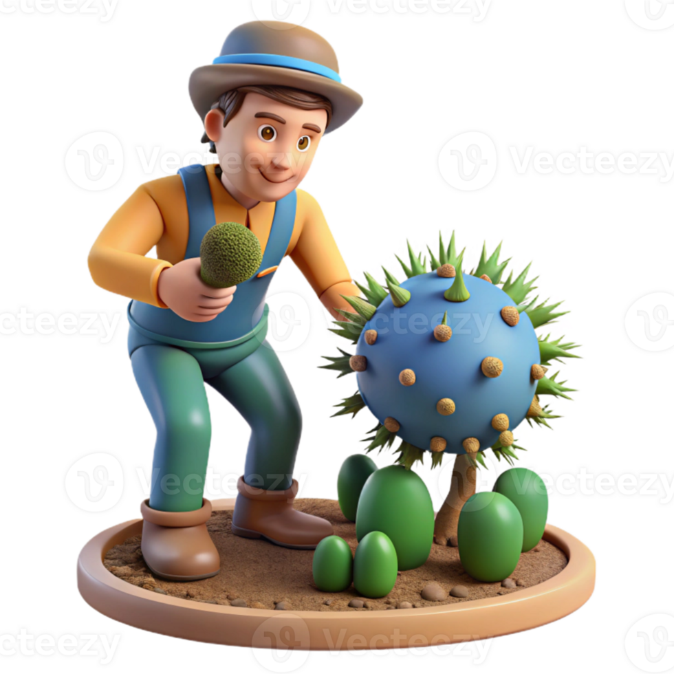 beautiful rustic 3D Illustration Farmer Examining Unique Plant premium png