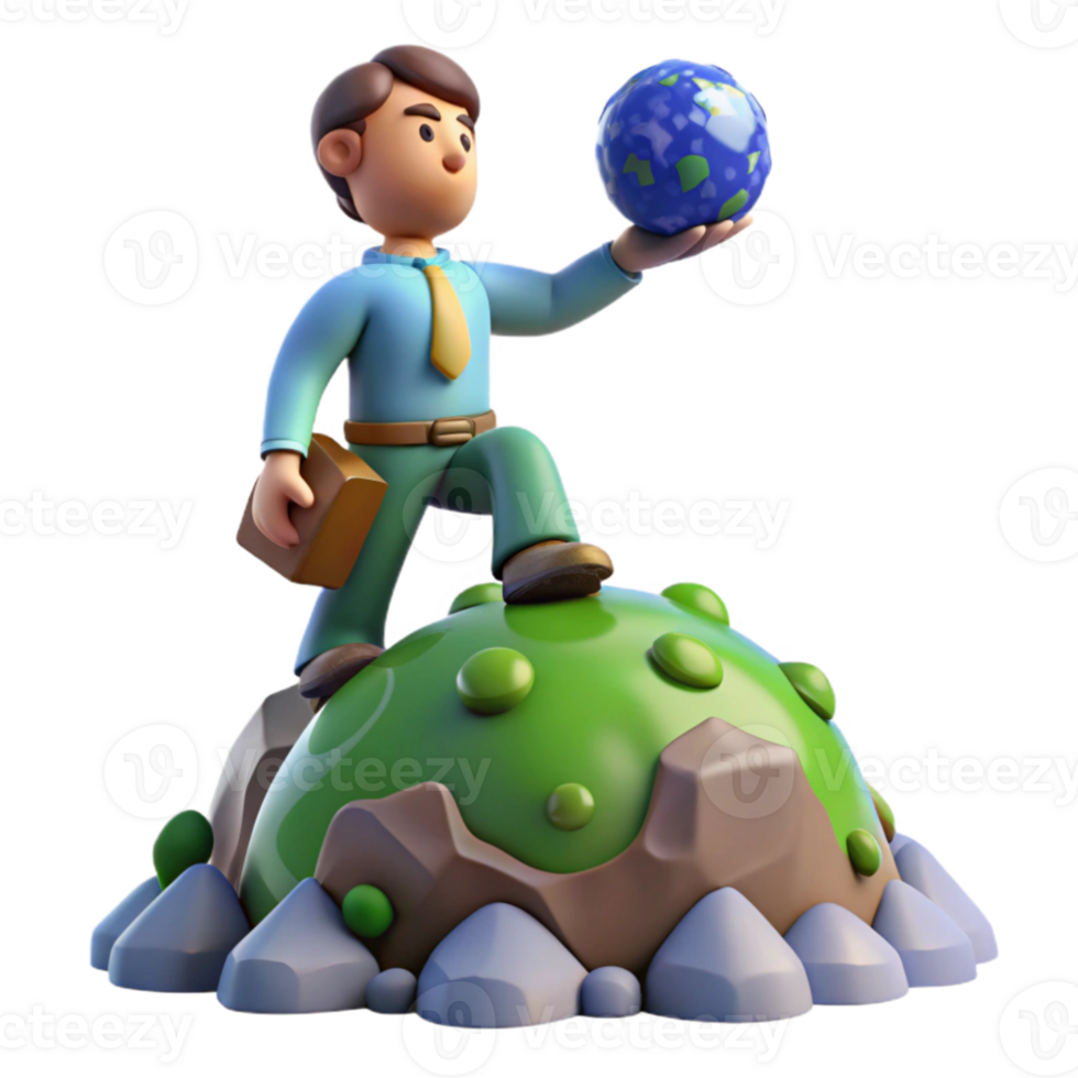 elegant minimalist 3D Cartoon Man Holding Earth on Hilltop Illustration detailed png