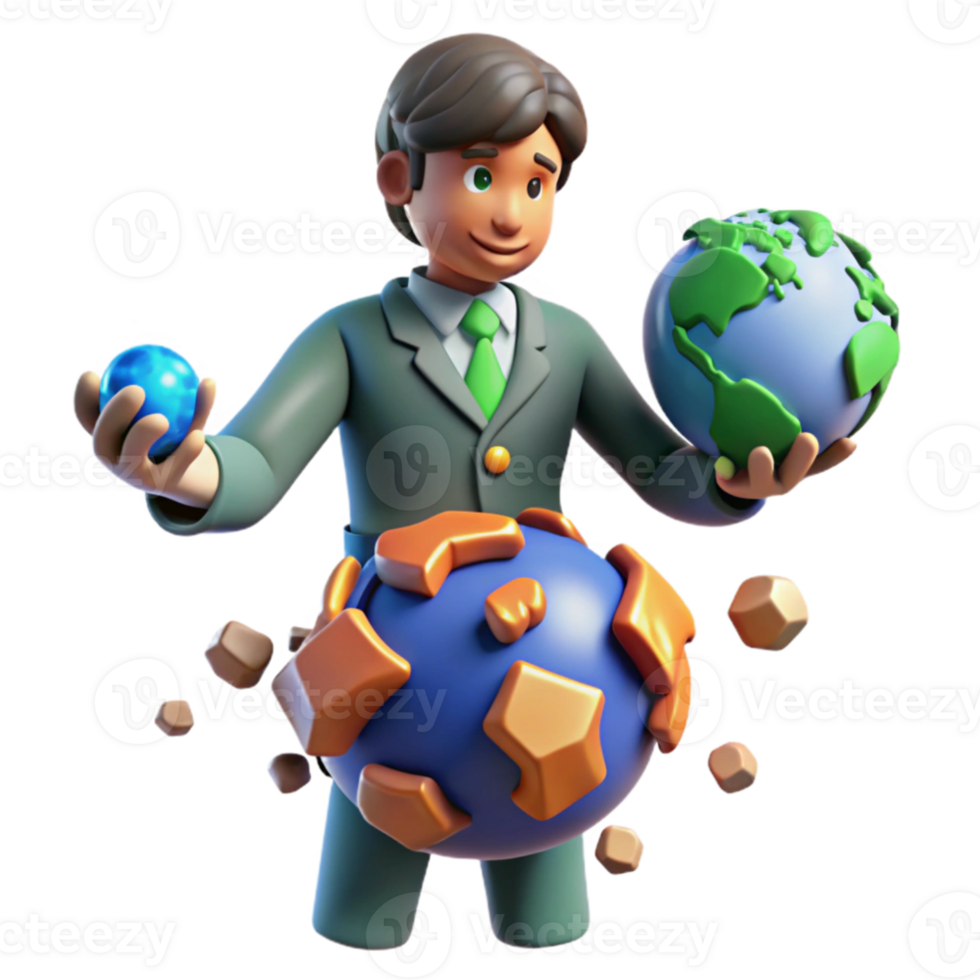 magnificent modern 3D Cartoon Businessman Holding Globes detailed png