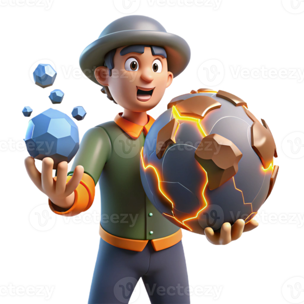 wonderful creative 3D Cartoon Geologist with Crystals and Globe high resolution png
