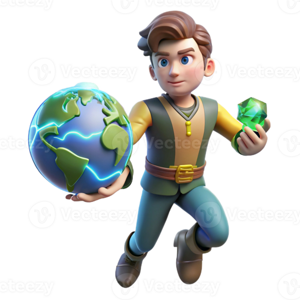 wonderful vintage 3D Cartoon Boy Holding Earth and Gem high resolution png