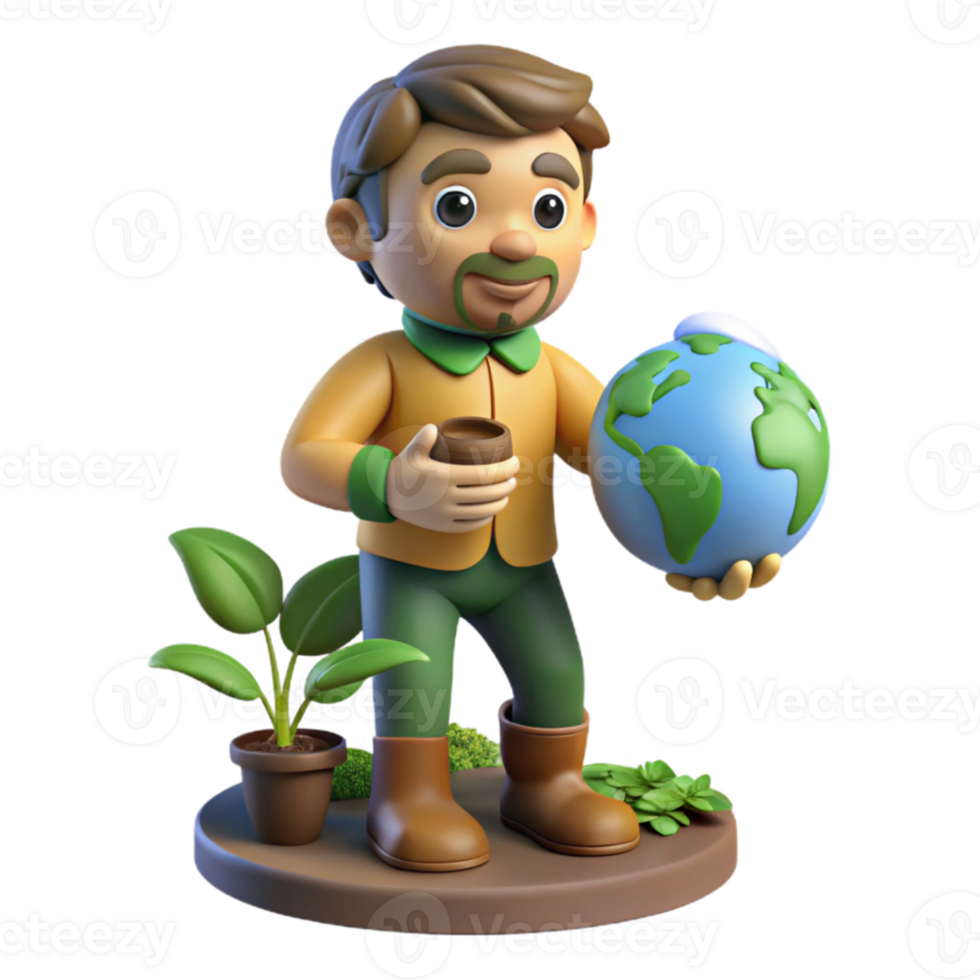 elegant traditional 3D Cartoon Gardener Holding Earth authentic png