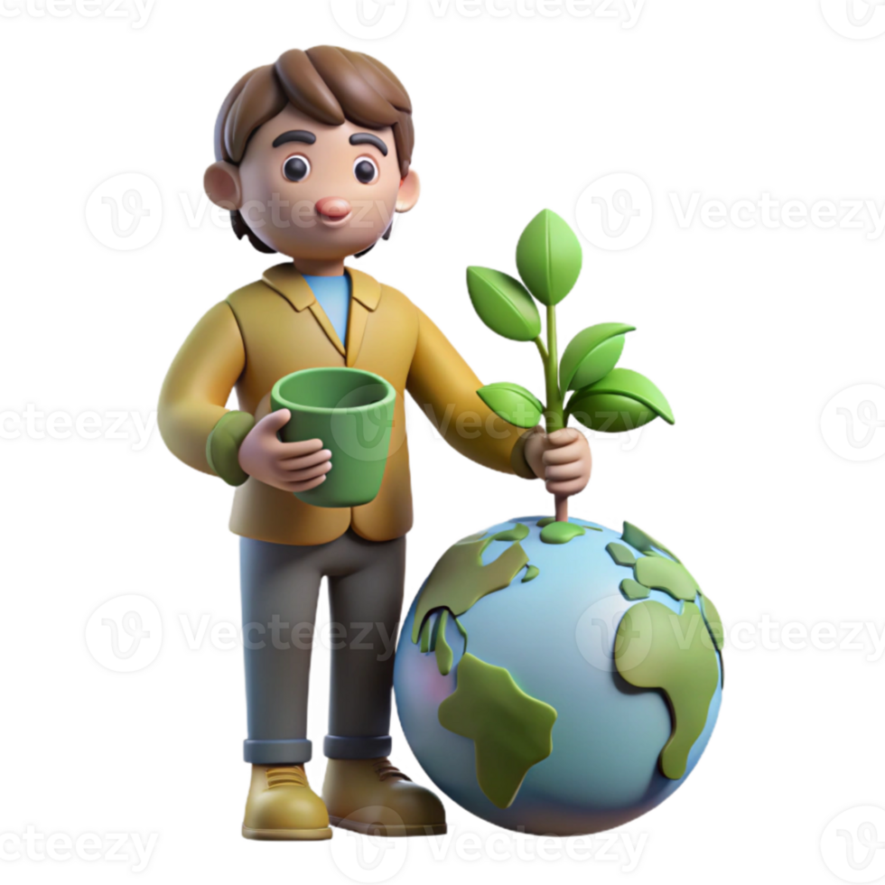 impressive creative 3D Illustration Boy Planting Sapling on Earth genuine png