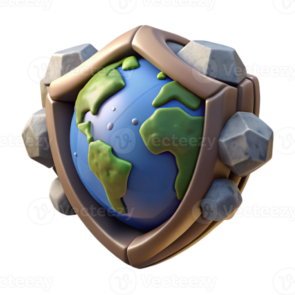 serene minimalist 3D Earth Globe Protected by Stone Shield Illustration high resolution png