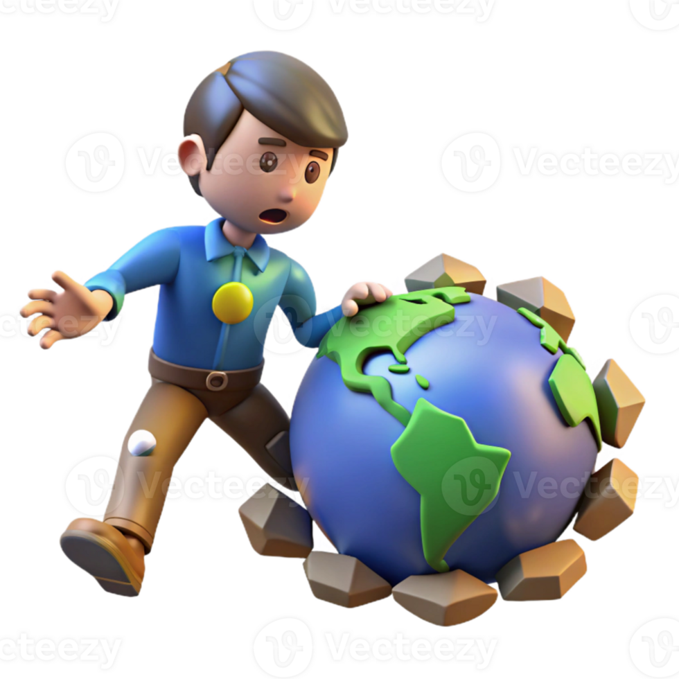 vibrant classic 3D Cartoon Boy and Crumbling Earth detailed png