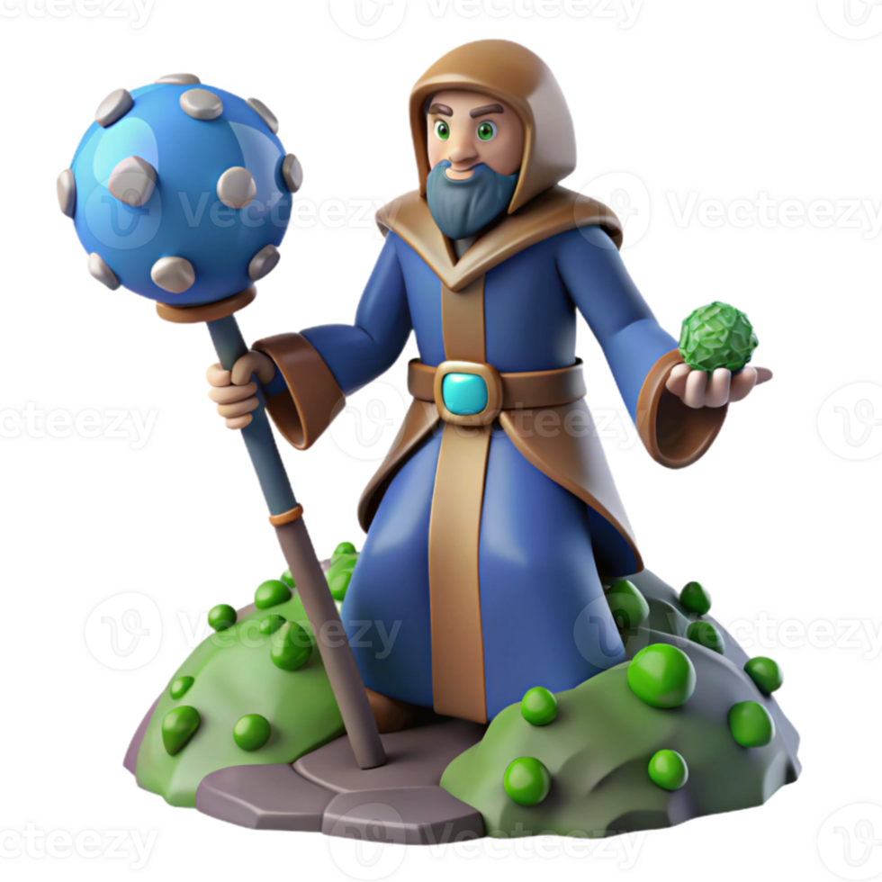 vibrant rustic 3D Render Wizard with Staff detailed png