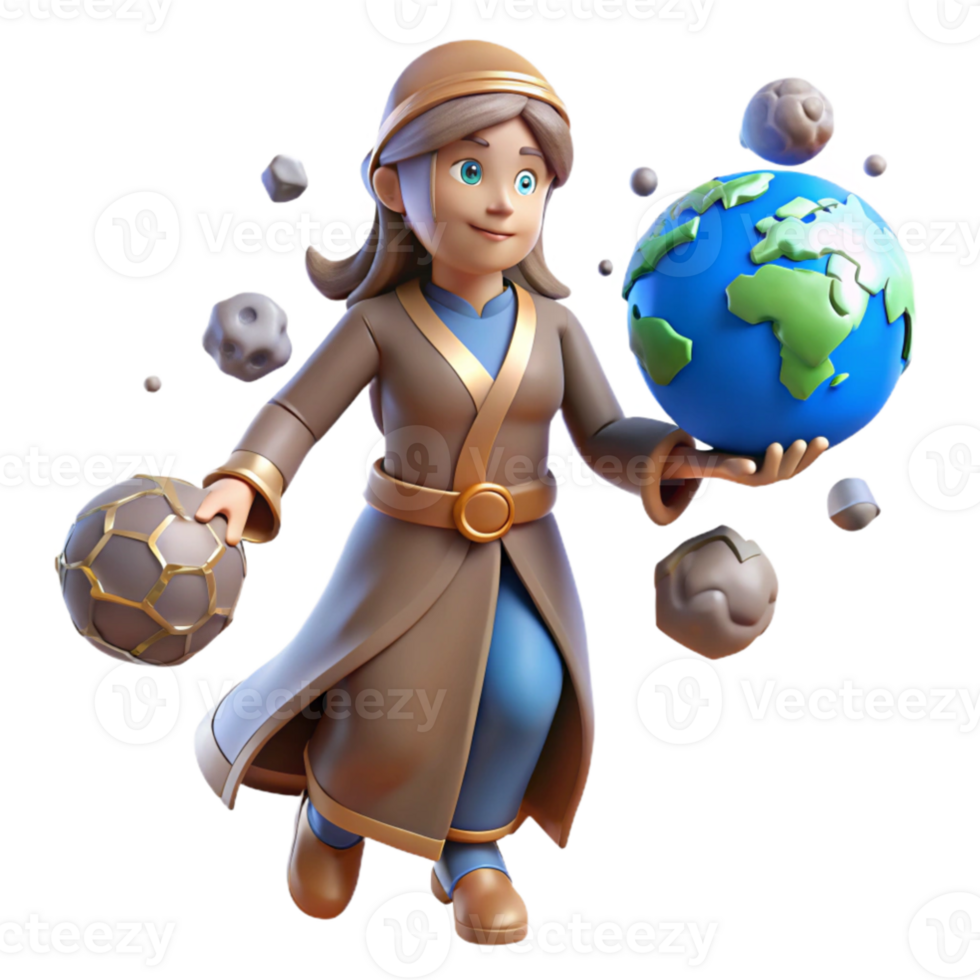 elegant modern 3D Render Cartoon Girl Protecting Earth premium png