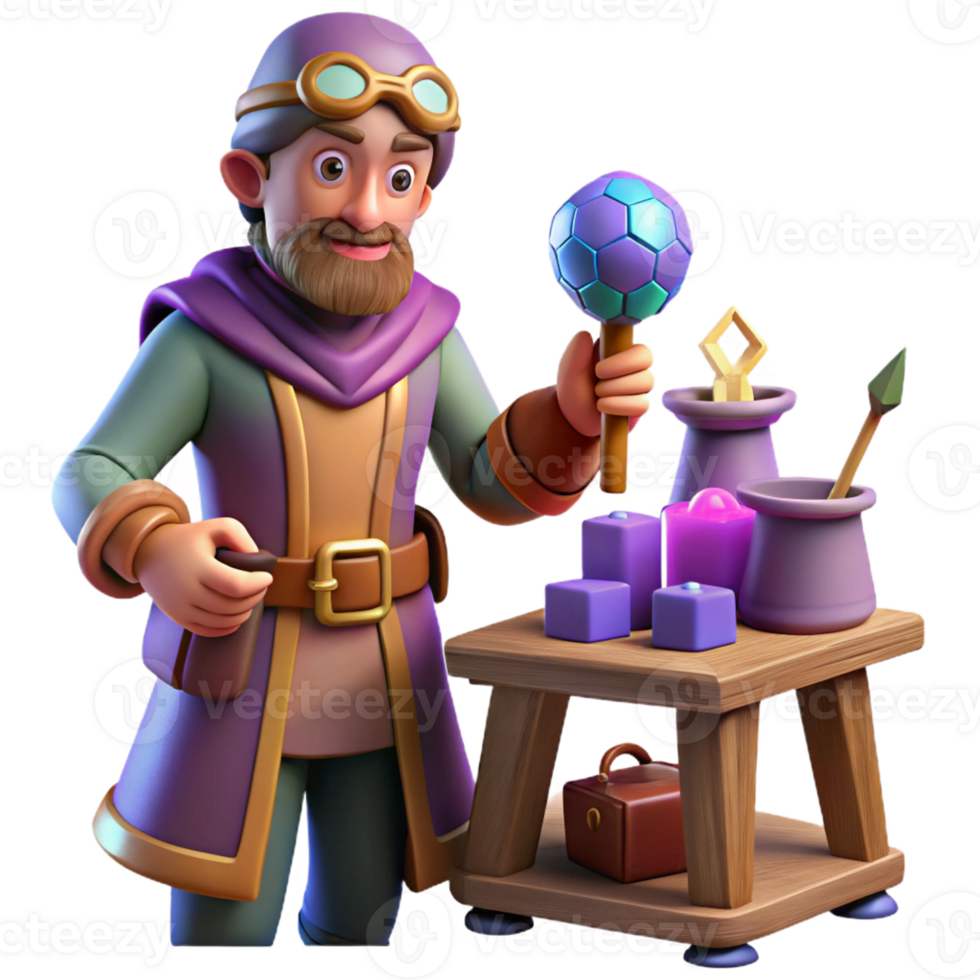 beautiful abstract 3D Cartoon Wizard with Potion Table Illustration 4K png