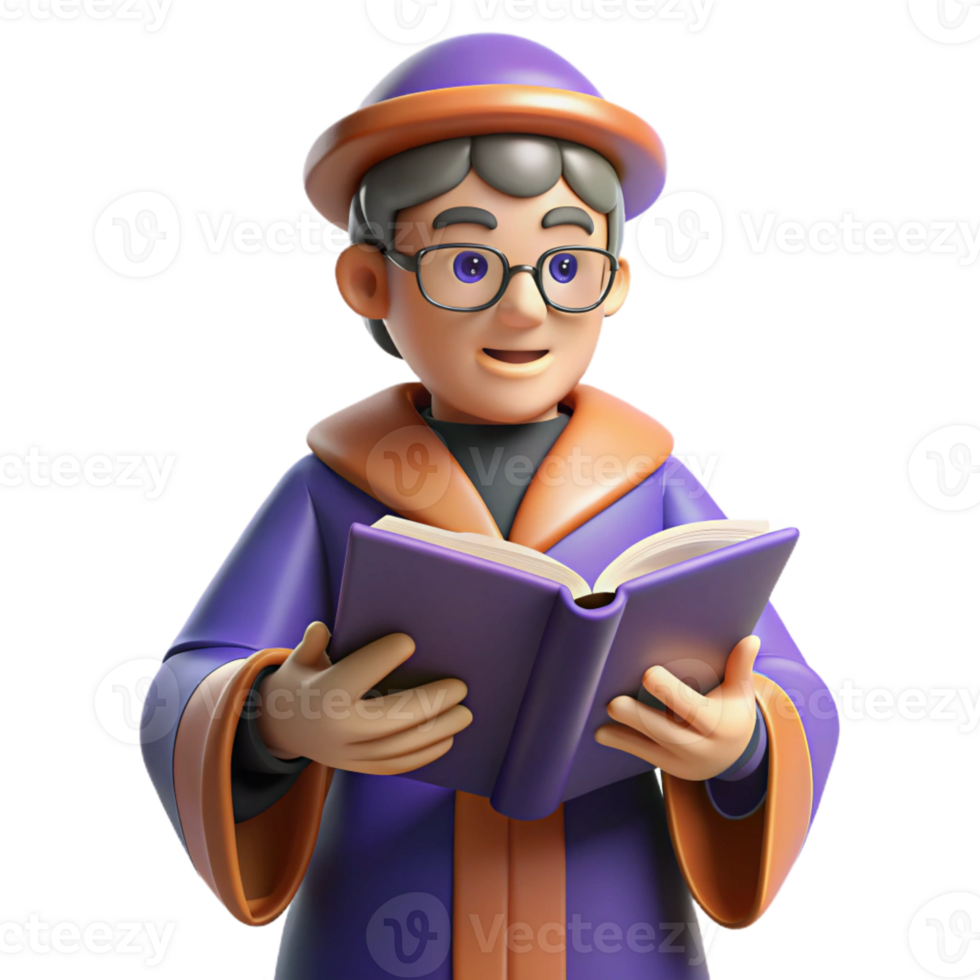 elegant artistic 3D Render of a Wizard Reading a Book high quality png