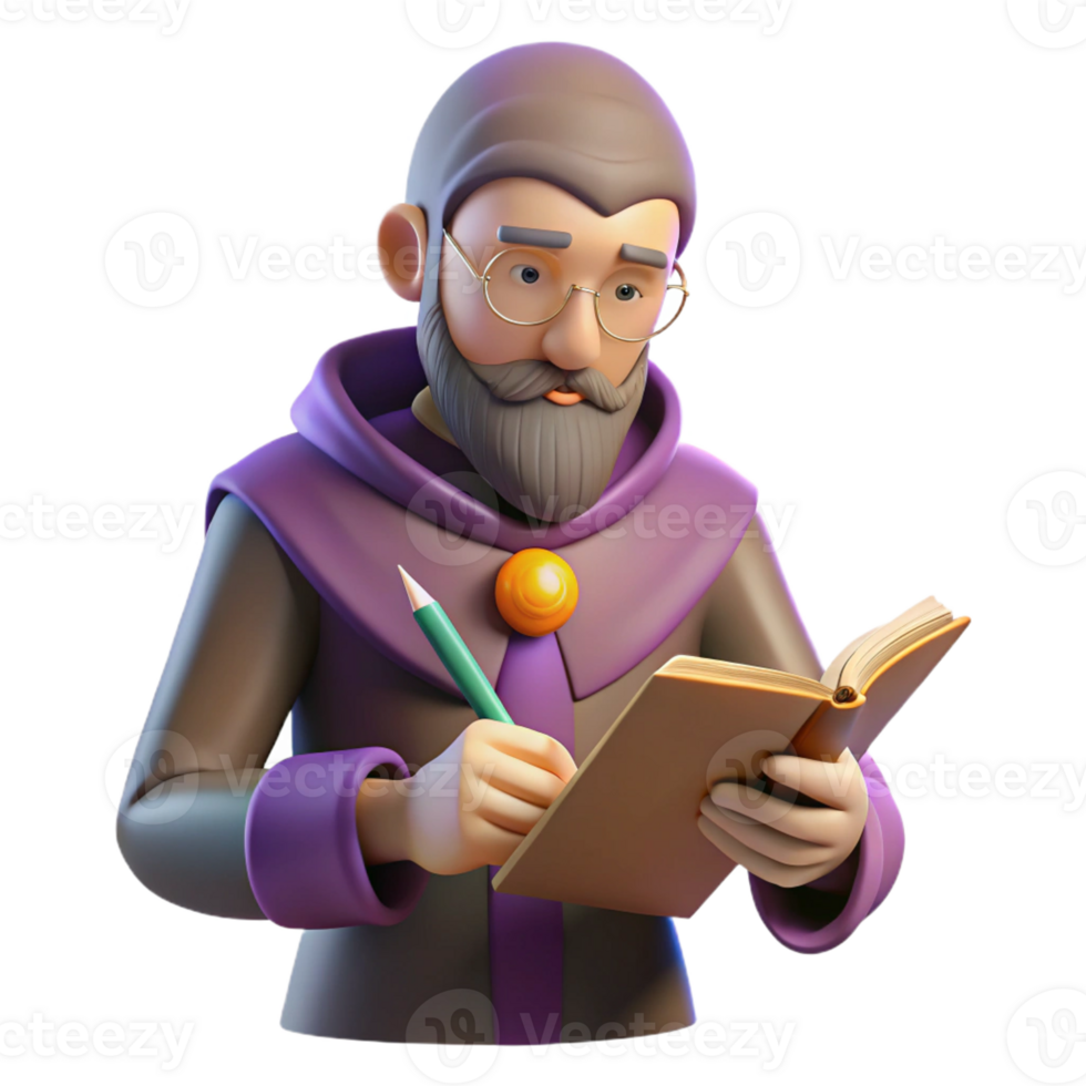 extraordinary artistic 3D Cartoon Sage Writing in Book genuine png