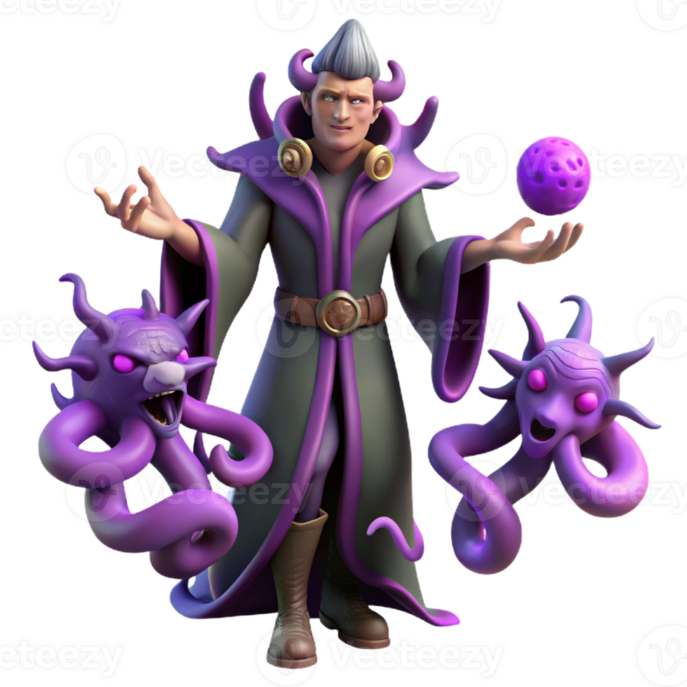beautiful classic 3D Render Purple Wizard with Creatures original png