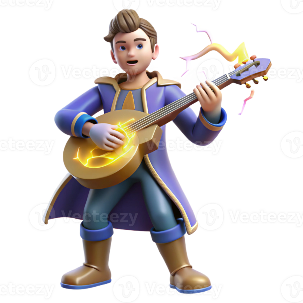 stunning vintage 3D Render Boy Musician with Glowing Lute 4K png