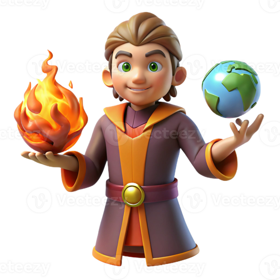 dramatic rustic 3D Cartoon Wizard with Fire and Earth authentic png