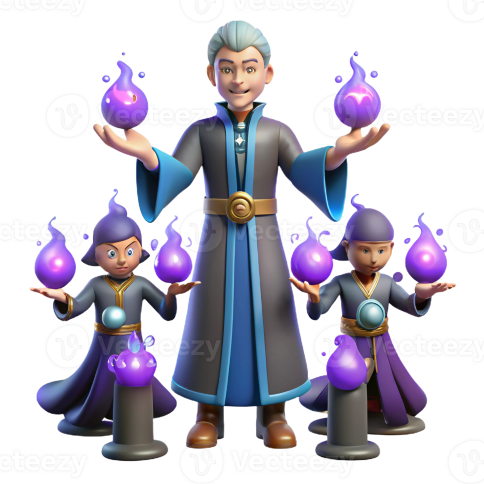 dramatic contemporary 3D Render Wizard and Apprentices with Purple Flames high resolution png
