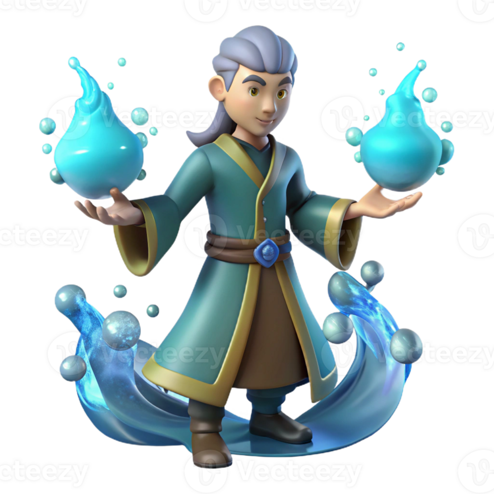impressive rustic Water Mage 3D Render detailed png