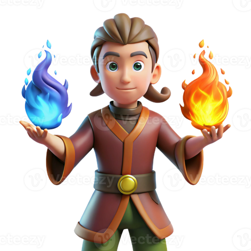 vibrant artistic 3D Render Young Mage with Fire and Ice original png