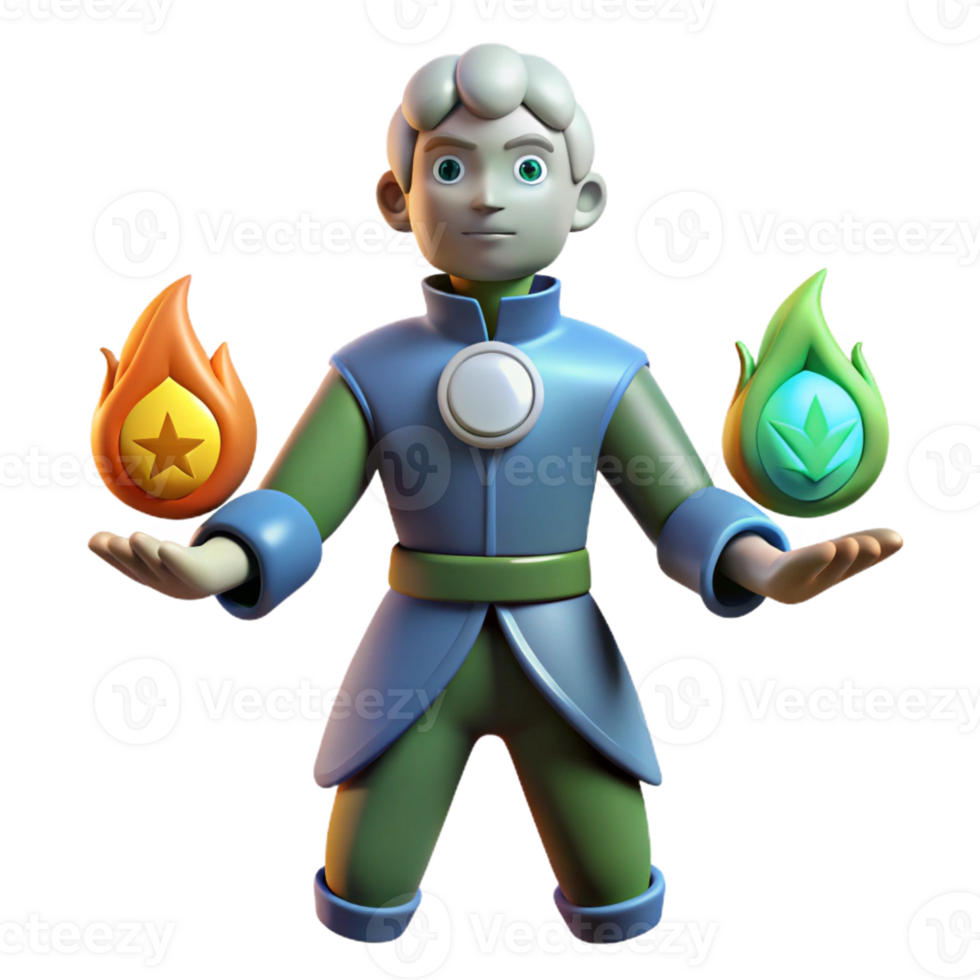wonderful contemporary 3D Render Cartoon Mage with Fire and Nature 4K png