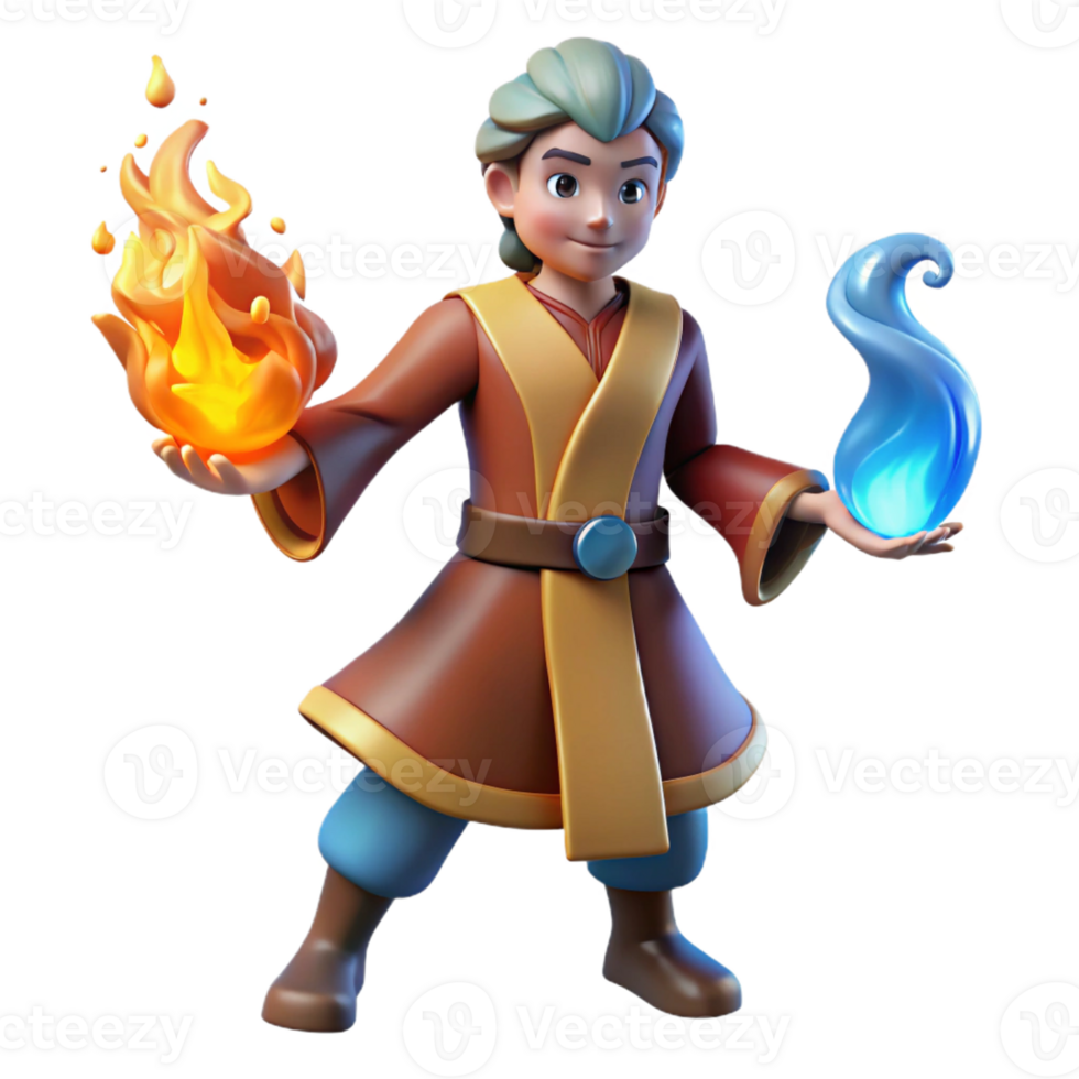 wonderful vintage 3D Render Young Mage Fire Water exclusive png