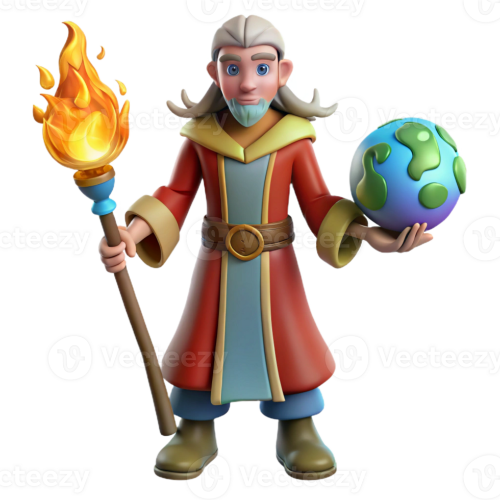 impressive classic 3D Cartoon Wizard Holding Earth Globe high resolution png