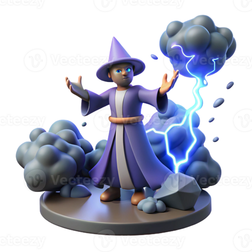 serene rustic 3D Render Cartoon Wizard Lightning Magic detailed png