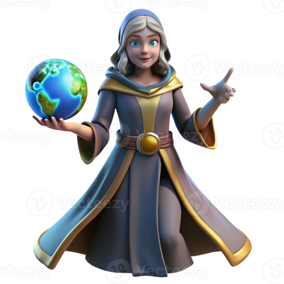 stunning artistic 3D Render of Young Female Wizard with Globe high quality png