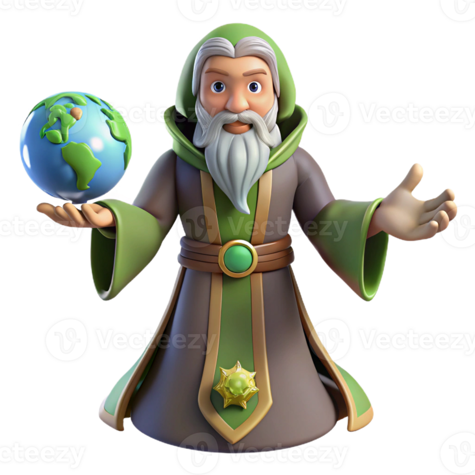 dramatic minimalist Wise Wizard 3D Render, Earth Globe exclusive png