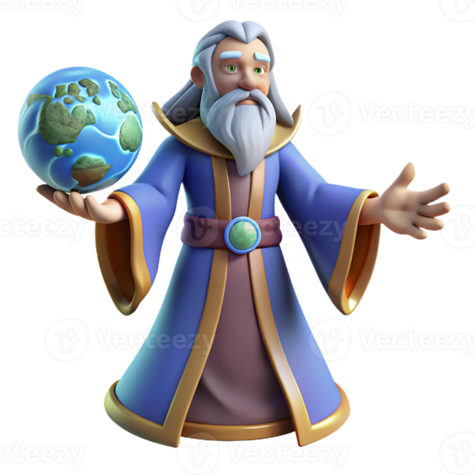 beautiful rustic Wise Wizard 3D Render Holding Earth original png