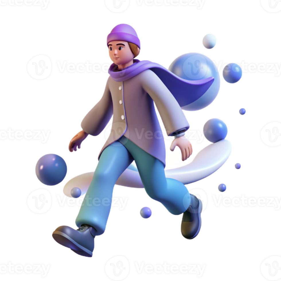 dramatic classic 3D Render Winter Boy Running genuine png