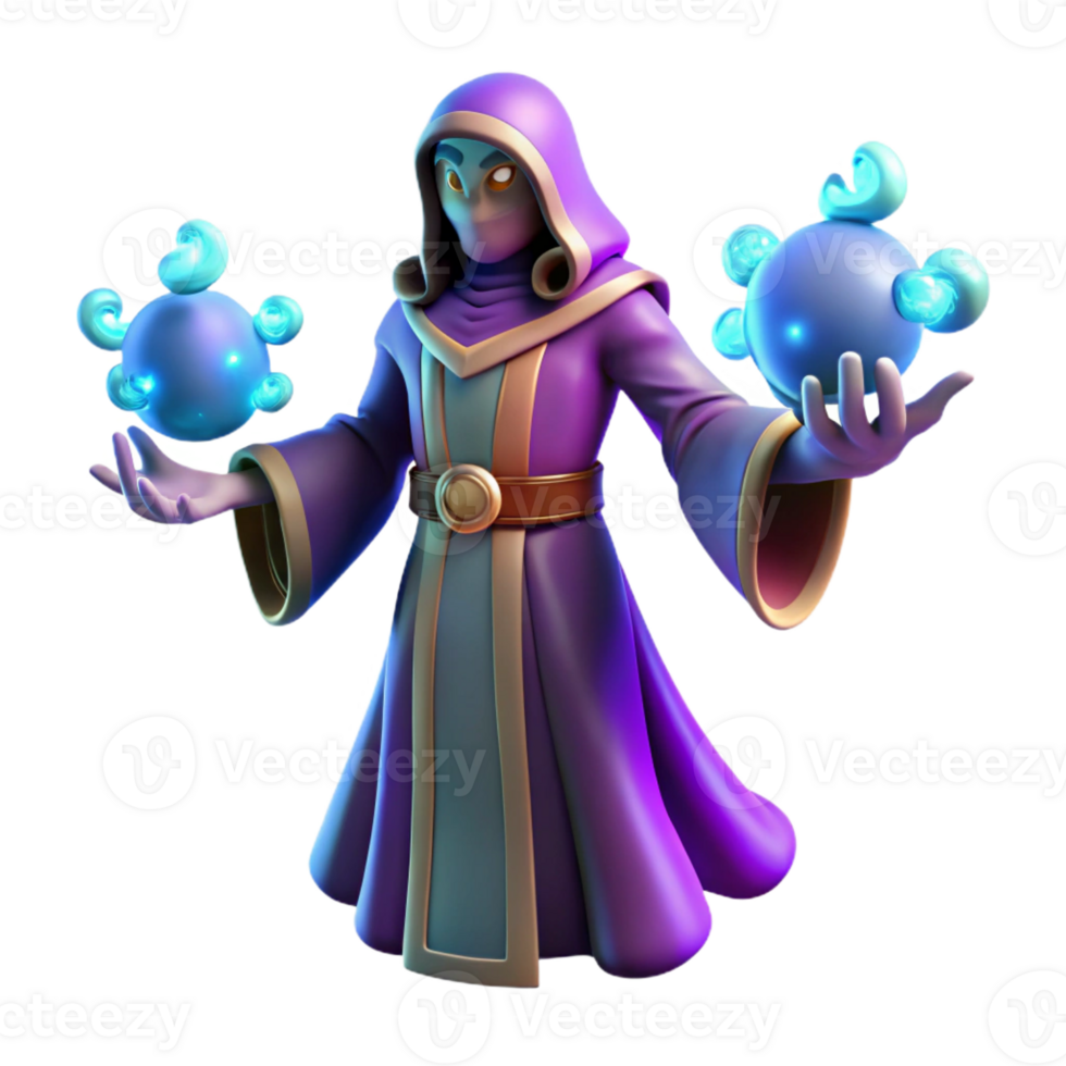 vibrant minimalist 3D Render Purple Robed Mage with Glowing Orb genuine png