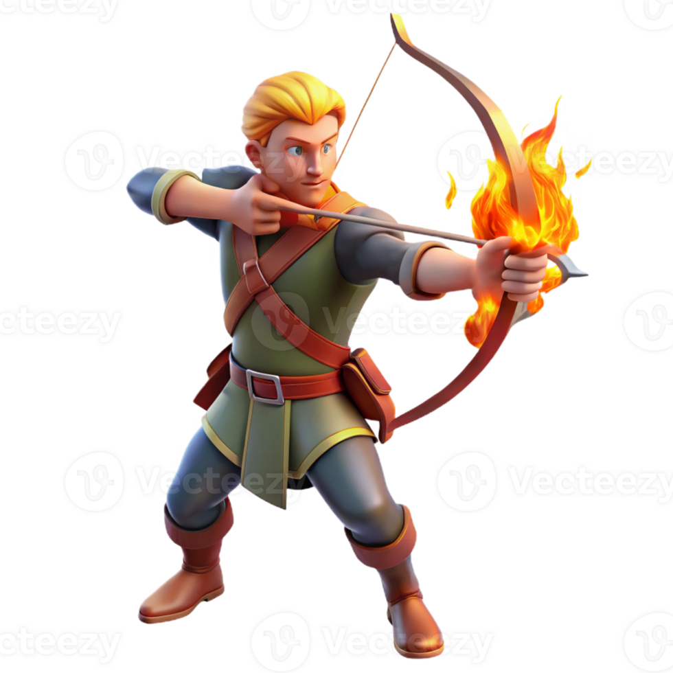 vibrant contemporary 3D Illustration Archer with Flaming Arrow 4K png