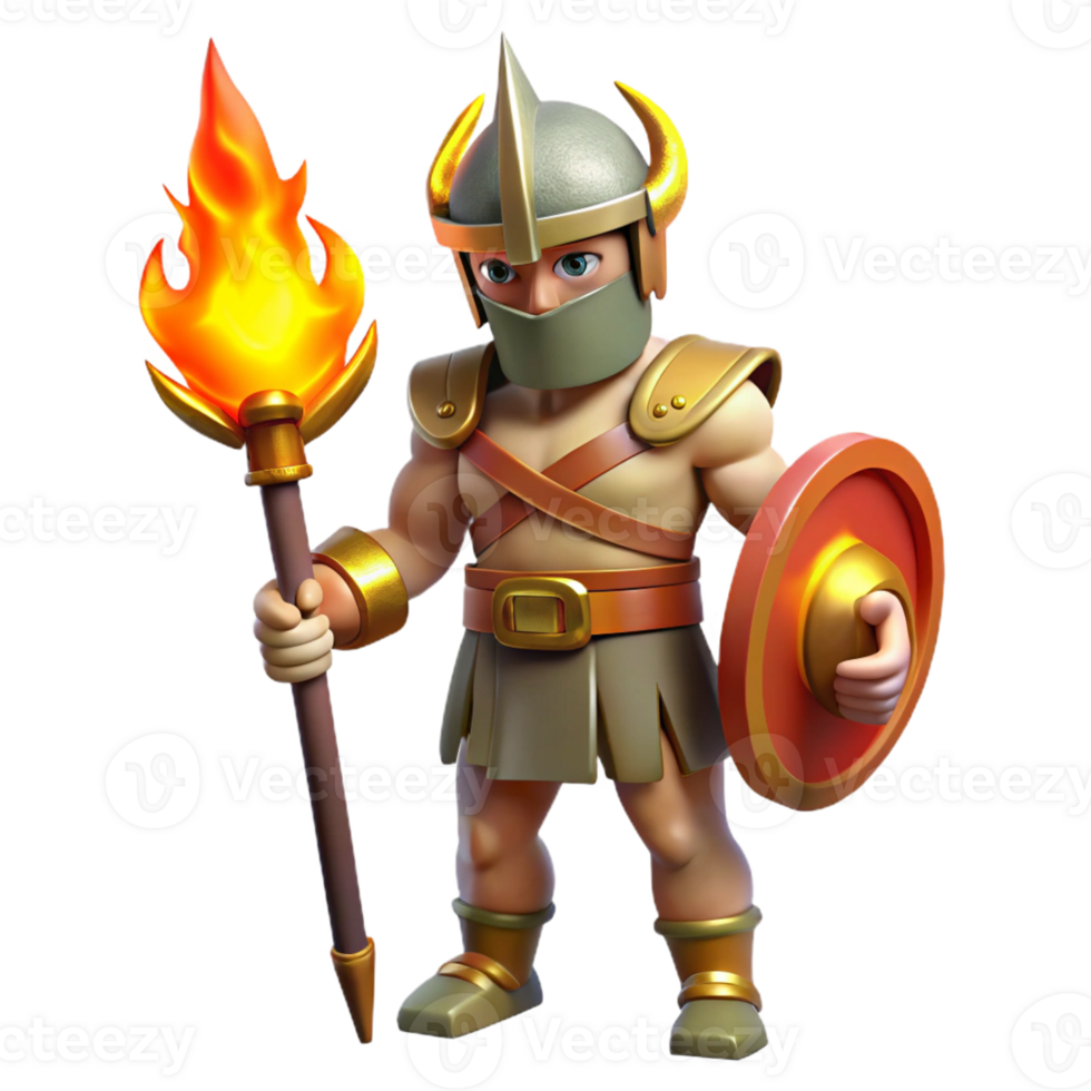 magnificent vintage Cartoon 3D Warrior with Flaming Torch genuine png