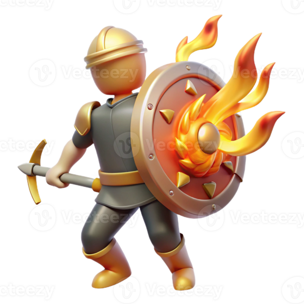 elegant creative Fiery Shield 3D Render Game Asset Knight with Pickaxe original png