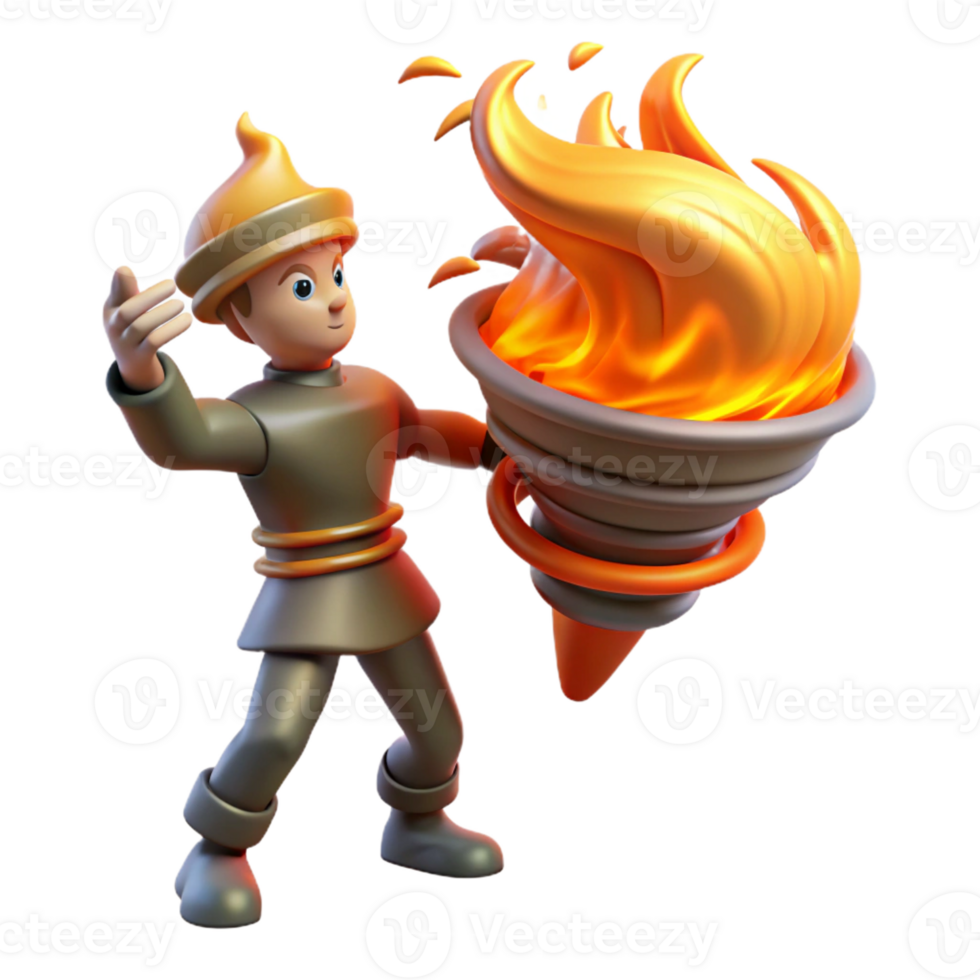 vibrant creative 3D Cartoon Character Holding a Flaming Torch authentic png