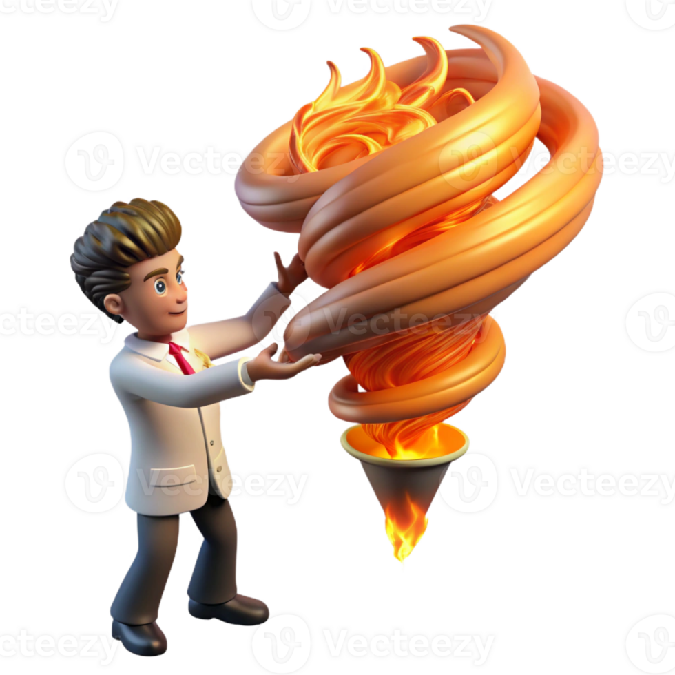 dramatic traditional 3D Cartoon Scientist Controlling Fire Tornado genuine png