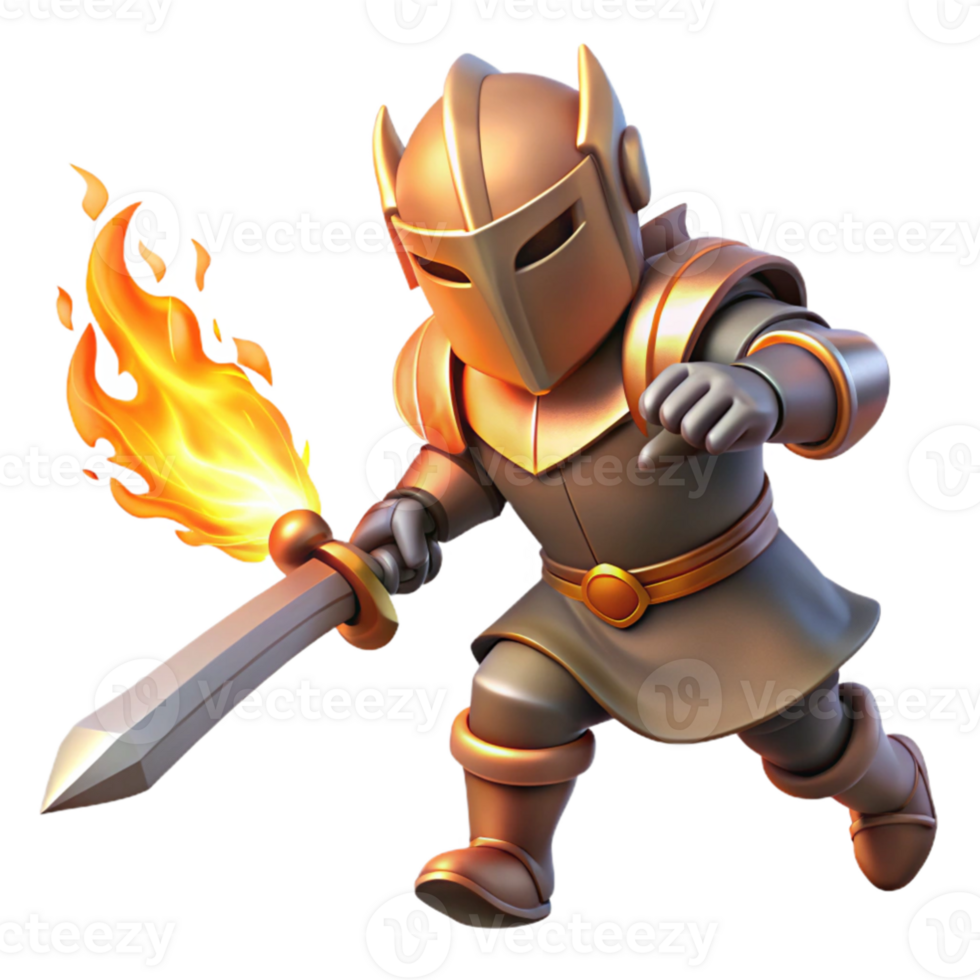 stunning minimalist 3D Illustration Brave Knight with Flaming Sword original png