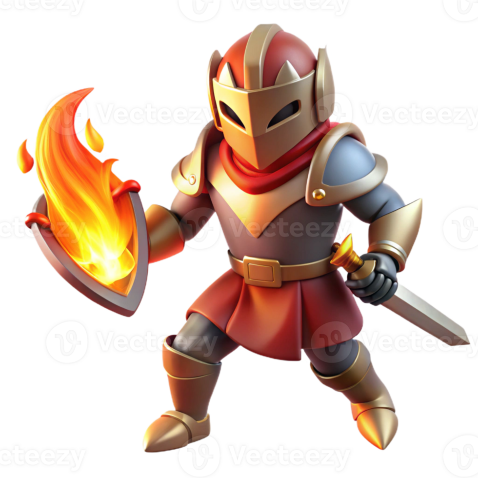 vibrant contemporary 3D Cartoon Knight with Flaming Shield detailed png