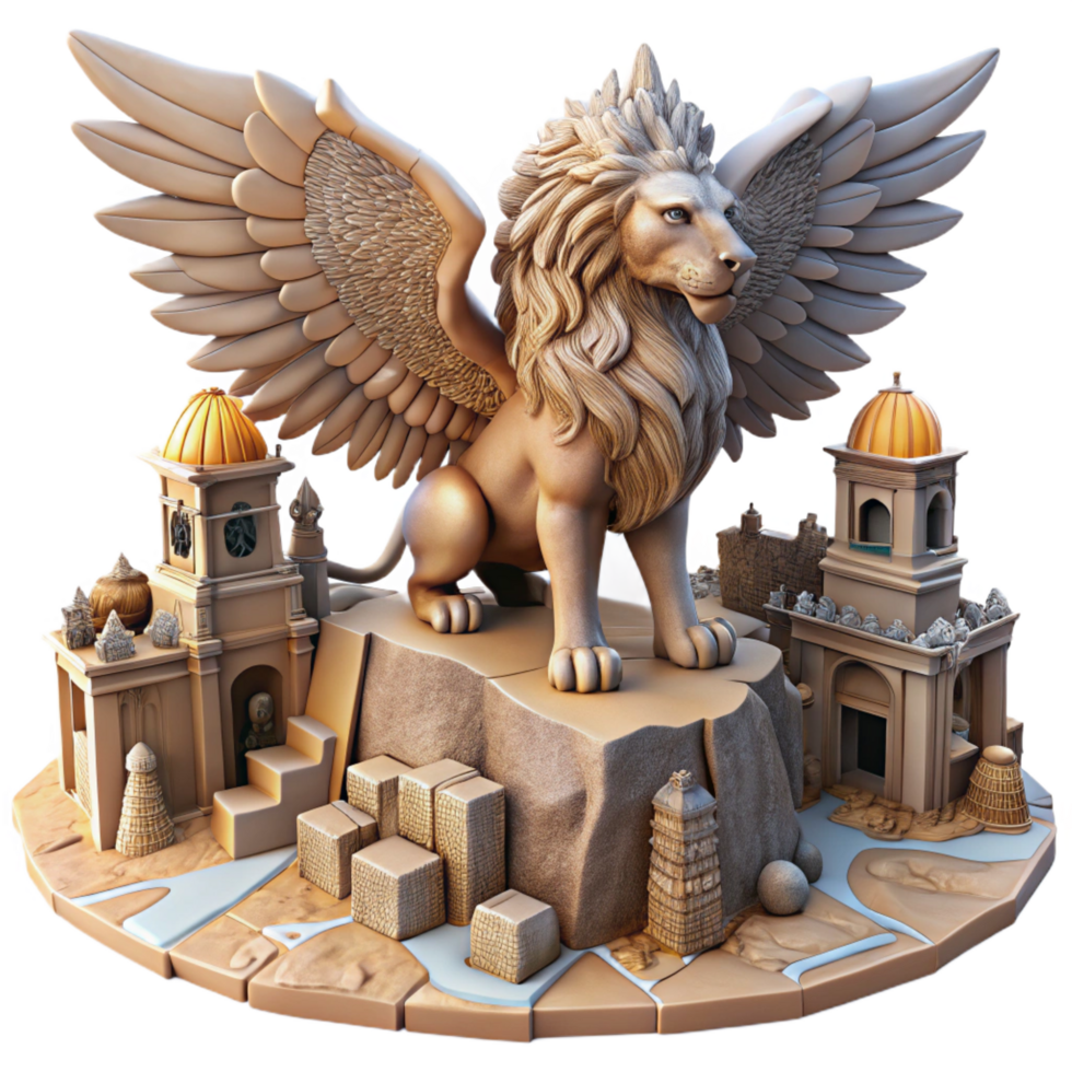 vibrant modern Winged Lion Statue Fantasy Cityscape Diorama genuine png