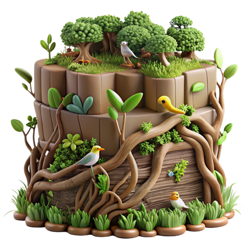 dramatic rustic Whimsical Forest Ecosystem 3D Render of Birds, Trees, and Roots exclusive png