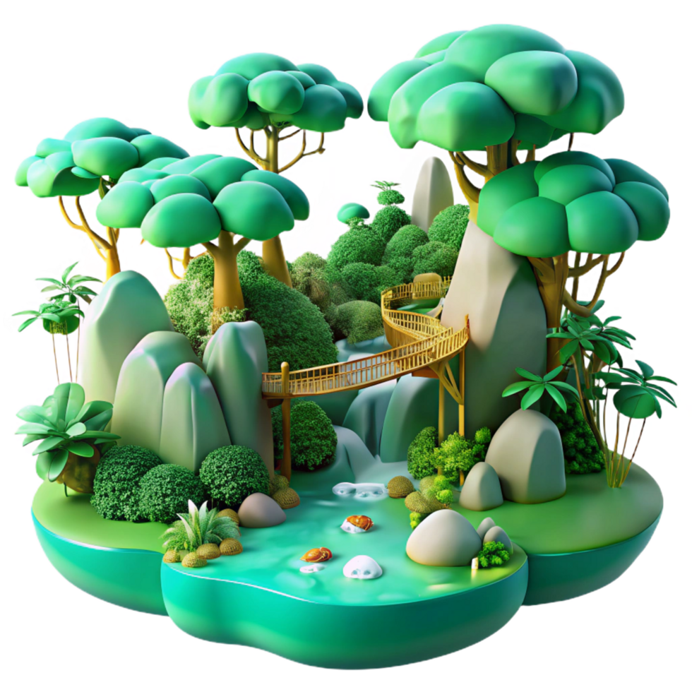 vibrant contemporary Serene Island Paradise Lush Greens, Winding Bridge, Waterfall genuine png