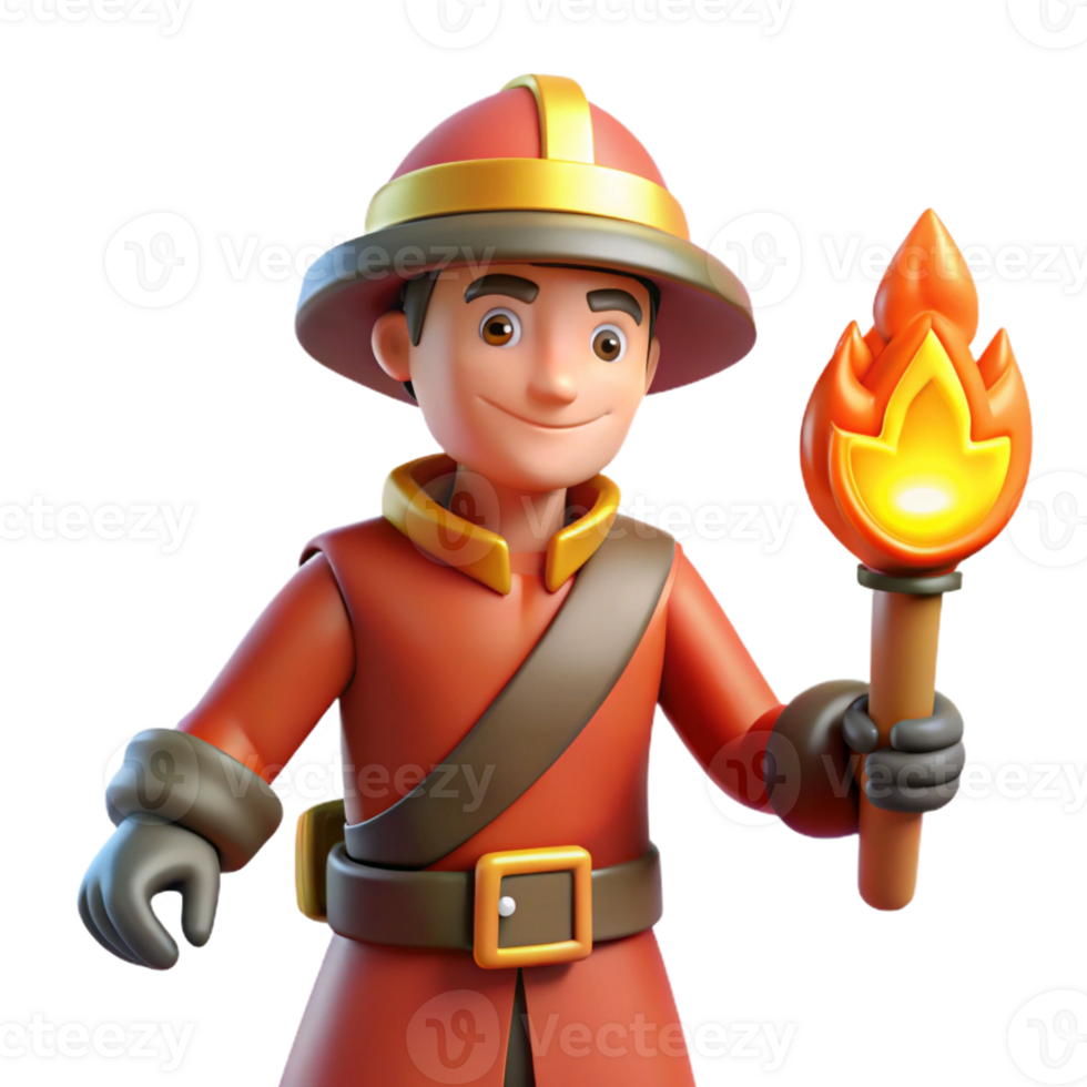impressive minimalist 3D Cartoon Firefighter with Torch Illustration detailed png
