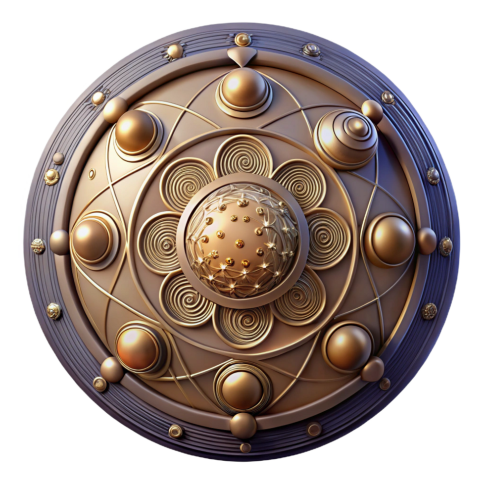 wonderful minimalist Ornate Golden Shield Circular Design with Swirls and Gems original png