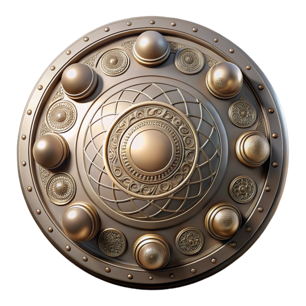serene contemporary Ornate Bronze Shield Ancient Design, Decorative Metalwork premium png