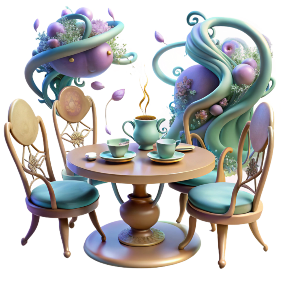 extraordinary abstract Whimsical Tea Party Scene Fantasy Chairs, Table, Tea Set high quality png